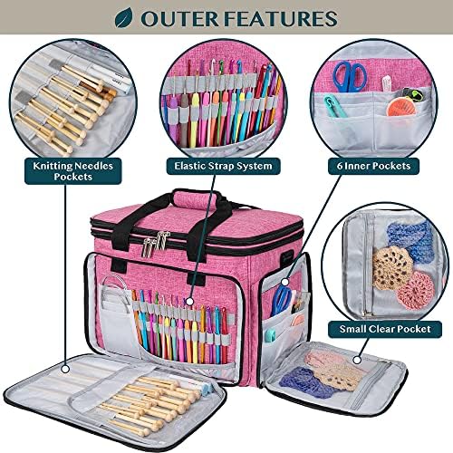 PAVILIA Knitting Bag Yarn Storage Tote - Large Crochet Organizer, Holder for Knitter Projects, Accessories Set, Gifts for Crochet Lovers - Heather Pink