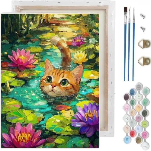 Paint by Numbers Kit for Adults-Pond Cat,DIY Canvas Oil Painting 10x12In