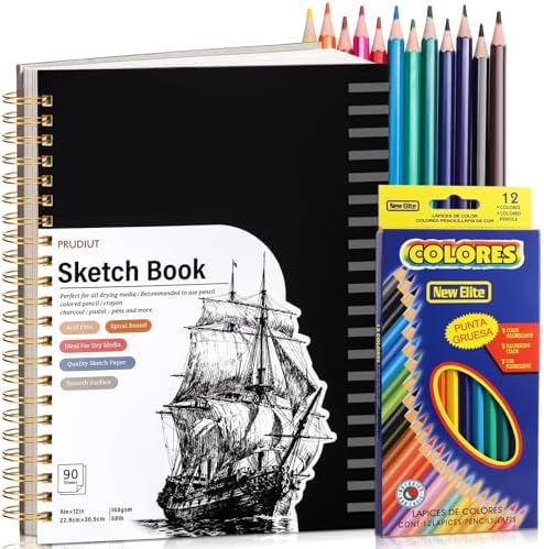Sketch Book with 12 Colored Pencils, Spiral Bound, 9 × 12 in, 90 Sheets | 100gsm Acid-Free Paper, Hardcover, Perforated Pages, for Colored Pencils, Charcoal, Crayons And Gel Pens