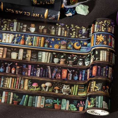 Magic PET Washi Tape Set,6 Rolls Vintage Reading Themed Scrapbook Tape Stickers for Journaling Supplies,Bullet Journaling,Planner,Notebook,Calendar,Photo Frame,DIY Craft(Magician Bookcase)