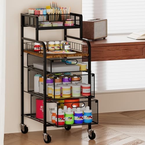 SWTYMIKI Rolling Cart with Drawers - Metal Craft Cart with Wheels, DIY Divider and Wood Shelf, Art Supply Organizer Craft Organizer and Storage, Utility Storage Cart for Home Office Studio, Espresso