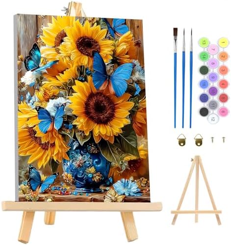 MAXBYE Framed Paint by Numbers Kits for Adults Beginners with Wooden Easel, Sunflower Crafts Art Kit with Frame, DIY Butterfly Canvas by Numbers for Gift Home Wall Decor 10×14 in