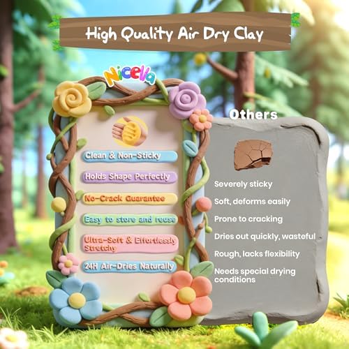 Nicella Air Dry Clay Kit, 12 Animals Modeling Clay for Kids, Model Magic Clay with Sculpting Tools and Tutorials, Safe & Non-Toxic, DIY Arts & Crafts School Projects, Home Party Favors for Boys Girls