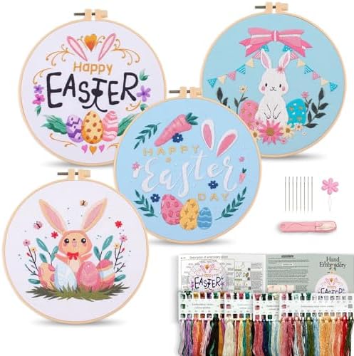 Harimau Adult Beginner Embroidery Starter Kit, Complete Set with 4 Patterns, 2 Hoops, Needles, Scissors, Instruction Guide & Stitching Video Tutorials
