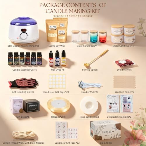 Fanyajoo Candle Making Kit,Candle Making Kit for Adults & Beginners–1200g Soy Wax，Digital Wax Melting Pot, Floral Candle Molds, Gift Boxes,Complete DIY Set，Perfect for Home Crafts & Giftin