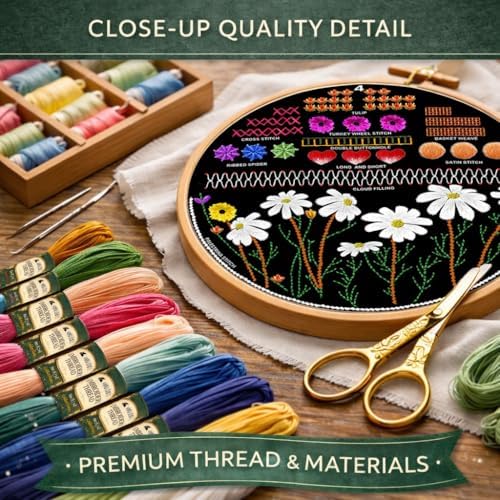Moni Crafts - Embroidery Kit for Beginners Adults – Learn Embroidery Stitches, Complete Starter Kit with 4 Pre-Printed Patterns (Mushroom & Floral), Threads, Needles & Hoop – Video Tutorials