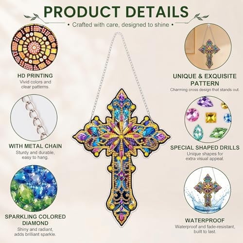 HMZephitiquc Cross Hanging Diamond Art Kits for Adults, Special Shaped Crystal Christian Diamond Painting Suncatchers, 5D Gem Art, Sun Catchers DIY Craft Kits for Gift Home Decor