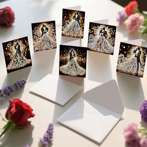 AiYuanzsh 6 Pack Diamond Painting Greeting Cards with Envelopes, DIY 5D Diamond Art Card Kit Romantic Wedding Couples, 30x15cm Handmade Rhinestone Cards Crafts for Wedding Wishes and Celebration