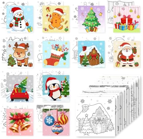 Christmas 12 Packs Pre Drawn Canvas to Paint, Pre Printed Canvas for Painting, Pre Stretched Canvas Outline Painting Boards for Beginners, Students, Party Favors(4 * 4in) (Christmas)