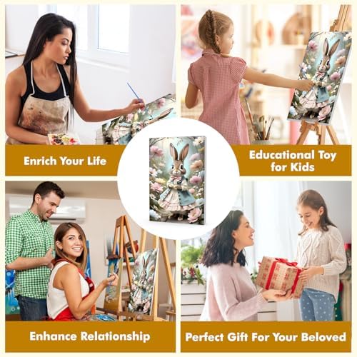Bowetile Framed Paint by Numbers Easter Kit for Adults, Adults' Paint-by-Number Bunny Kits on Canvas, Painting by Numbers Rabbit, DIY Acrylic Number Painting for Home Wall Decor, 8x12in