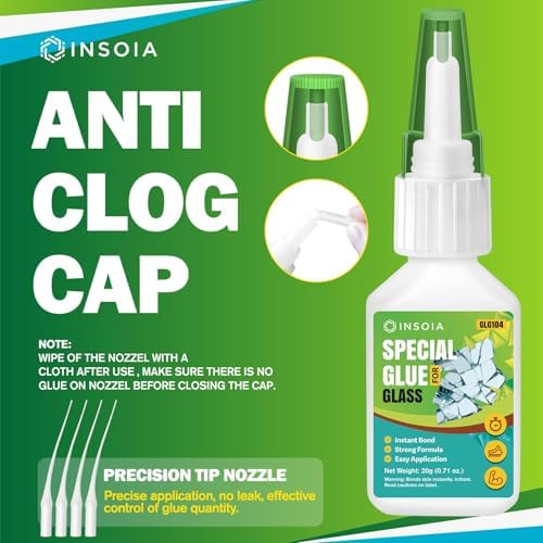 INSOIA Super Glass Glue Clear, 20g, Strong Bond, with Precision Tips