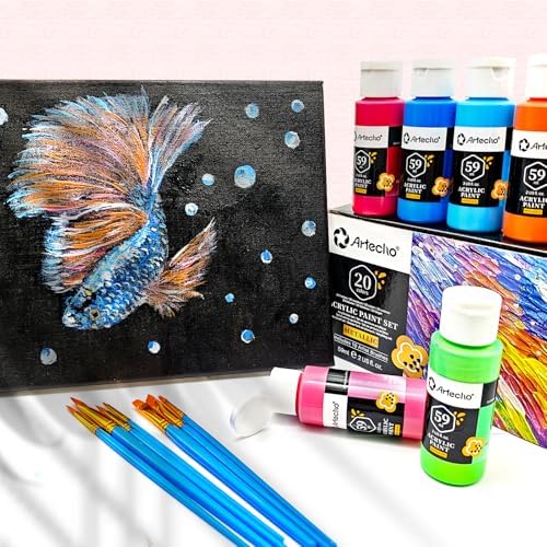 Artecho Acrylic Paint Set 20 Metallic Colors 2oz/59ml with 10 Brushes | Permanent rich pigment non-toxic craft kit for canvas, fabric, rock, wood, ceramic, Great gift for adults & beginners