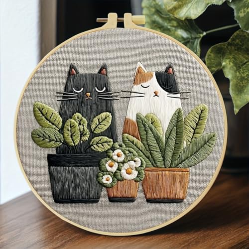 Cute Cat, Plants Patterns Embroidery Kits for Beginners,Adults Starter Cross Stitch Kit with Funny Animal Pattern,DIY Needlepoint Everything is Fine,Step by Step Instructions and Video Tutorial