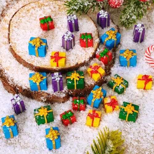 JUNEBRUSHS 50 Pcs Christmas Miniatures for Crafts, Christmas Tree Mini Resin Presents Charms Mini Christmas Ornaments Figurines for Tree Decor Vase Filler Xmas Crafts