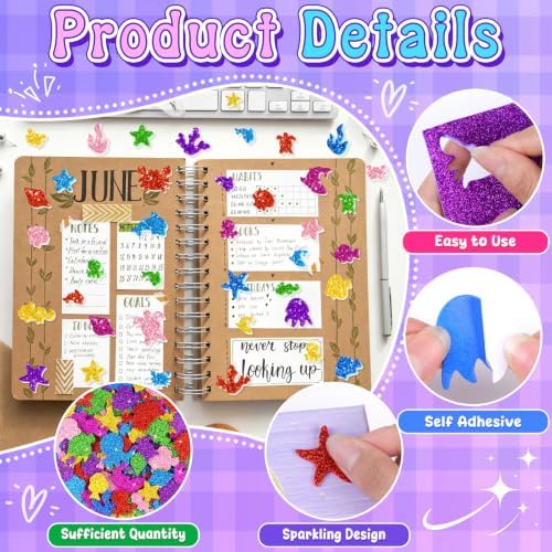 744 PCS Glitter Foam Stickers, Foam Sea Animal Stickers for Crafts,8 Colors