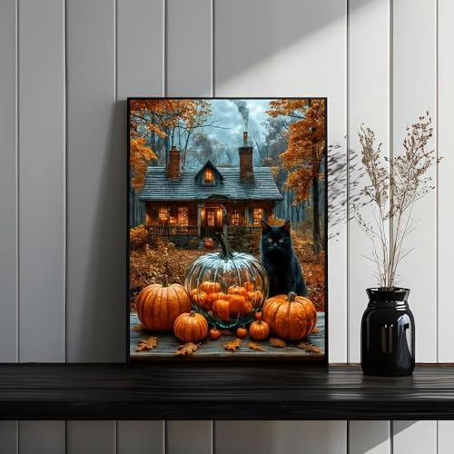 KYOQFVN Halloween Diamond Painting Kits for Adults, Black Cat Diamond Art Kits for Adults, DIY Full Drill Diamond Paintings Picture Arts Craft for Home Wall Art Decor 12×16 Inch