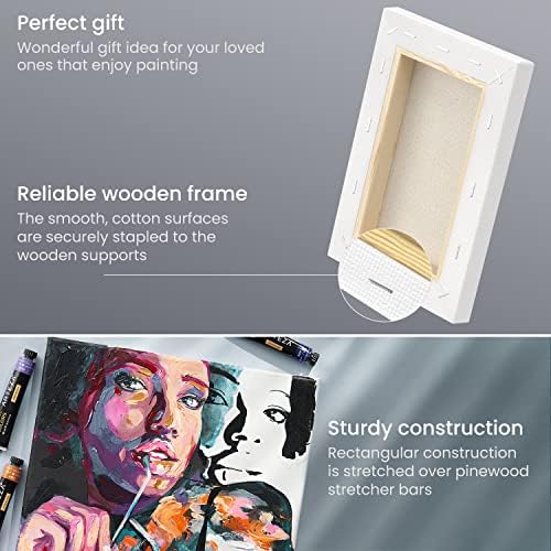 ARTEZA Stretched Canvas, 5 x 7, 8 x 10, 11 x 14, 12 x 16, 16 x 20 Inches, Multipack of 10, Blank White Canvas for Acrylic, Oil and Gouache Painting | Stretched Cotton Surface, Pinewood Bars, 8 oz Acid-Free Acrylic Gesso, For Oil, Watercolor, Acrylic, T...