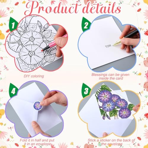 Gueevin 24 Pcs Flowers Coloring Greeting Cards with Envelopes, 4x6