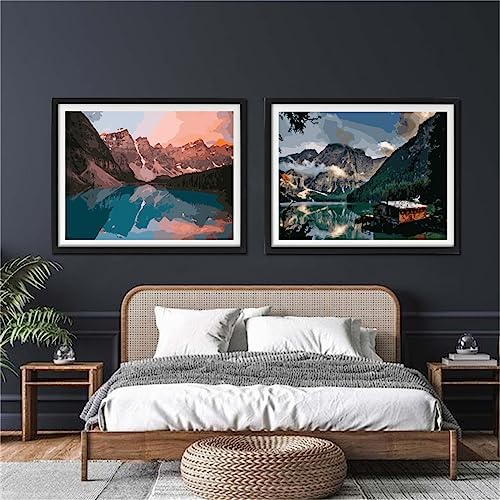 Paint by numbers Kit for adults beginners 2 pack paint by numbers for adults rolled up canvas for home decoration creative wall art with colorful gift box 12x16 inch mountain lake sunset 169-170