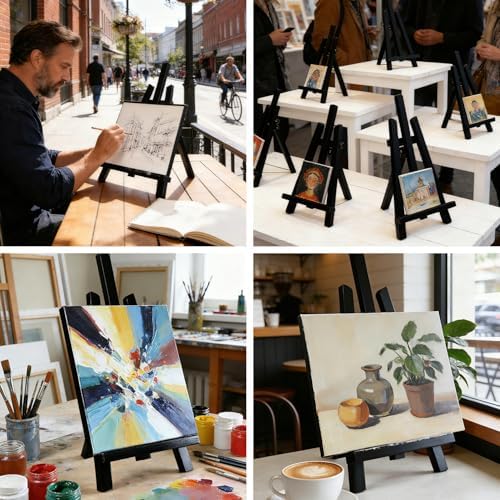 Artkey Black Wooden Display Easel Stand, 13 Inch Folding Tabletop A-Frame Mini Easels for Canvas, Photos, Wedding Signs & Menus, Solid Radiata Pine Wood, 2 Pack