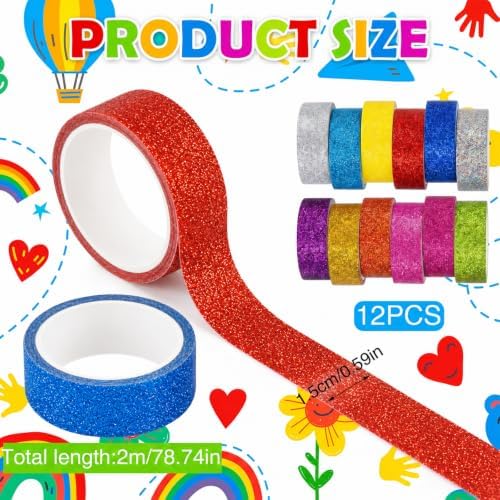 TIESOME 12 Rolls Glitter Washi Tape Set,15mm Macaron Colored Masking Tape,