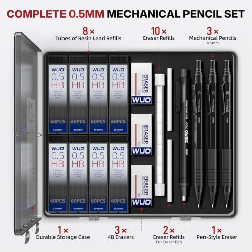 WUO 0.5mm Mechanical Pencil Set, 3 Pack Black Metal Drafting Pencils