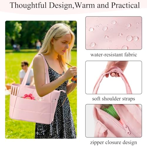 Crochet Bag for Yarn Storage, Puffer Knitting Bag with Soft Handles, Lightweight Yarn Storage Organizer with Zipper for Crochet Accessories, Gifts for Crocheters (Pink)
