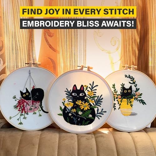 The ZenStore Embroidery Kit for Beginners – Black Cats & Kittens 3 Pattern Set – Complete DIY Needlepoint Kit with Hoops, Thread, Fabric, and Tools – Cute Animal Cat Embroidery Gift