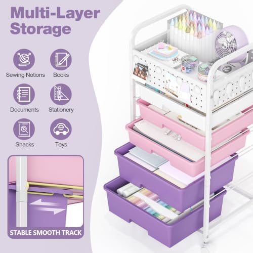 5 Drawer Rolling Storage Cart with Pegboard Top and Hooks, Dreamy Color