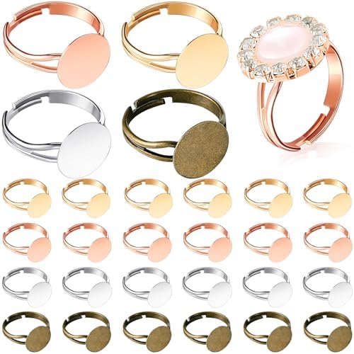 Herdear 40pcs Adjustable Blank Rings 12mm Base, Mixed