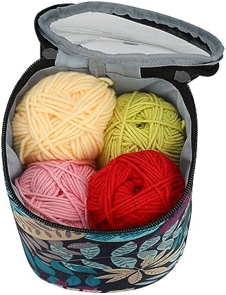 mini yarn storage small size yarn bag for crocheting with holes,empty round knitting tote bags protable yarn holder,perfect for travel,beginner & crocheter(Blue Leaves)