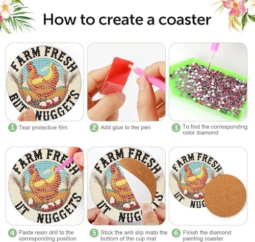 8 Pcs Chicken Diamond Art Coasters Kits, Diamond Painting Coasters Kits ﻿ ﻿