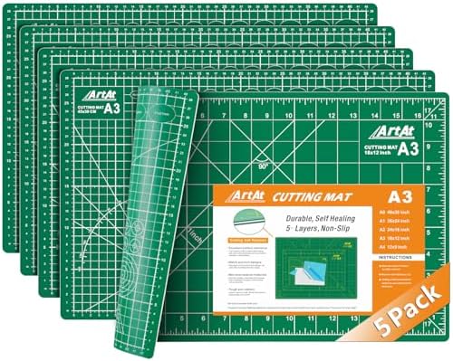 ArtAt A3 Self Healing Cutting Mat 12''x18'' 5 pack | Double-Sided 5-Ply Craft Cutting Board with Grid ,Slip-Resistant Cutting Mat for Fabric,Quilting, Crafts & Hobbies(Green)