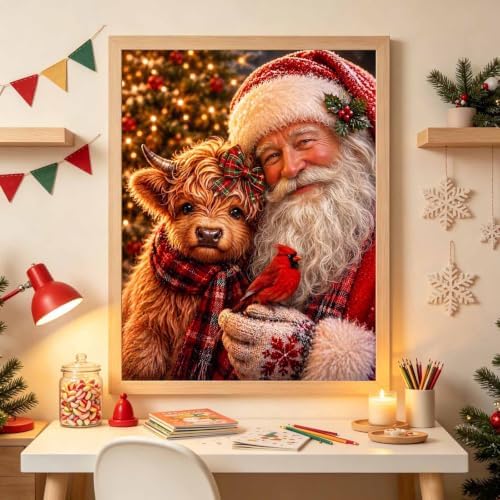Christmas Diamond Art Kits for Adults, Santa with Cow Diamond Painting
