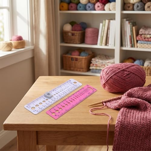 4 PCS Plastic Knitting Needle Gauge Measuring Tool, Knitting Needle Sizer & Crochet Gauge Measuring Tool, Knitting Tools and Accessories for Sewing (White & Pink)