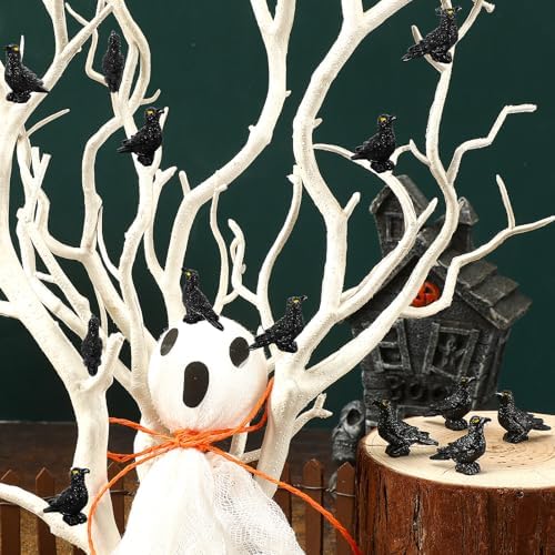 JUNEBRUSHS 50 Pcs Black Mini Resin Crow Halloween Table Decorations