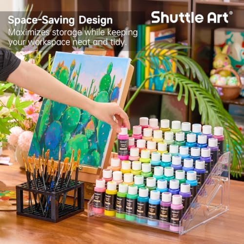 Shuttle Art 2-Pack of Acrylic Paint Organizer With Paint Brush Holder, 7 Layers Clear Storage Rack, Snap On Organizer for Acrylic Paint, Oil Paints, Nail Polish and Craft Supplies