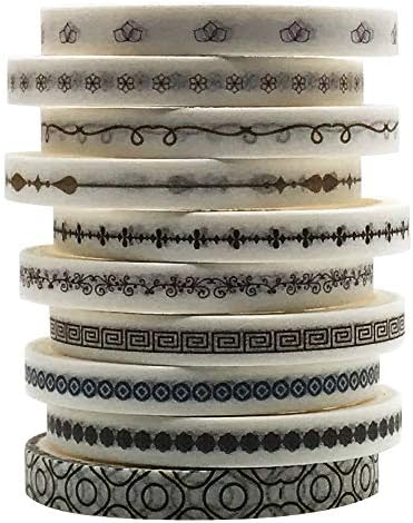 Vintage Pattern 5mm Wide Skinny Washi Tape Set, 10 Rolls Minimalist Japanese Masking Decorative Tapes for Bullet Journal Planners DIY Decor Crafts Arts Scrapbooking Adhesive
