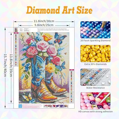 Cowboy Boots Diamond Art Kits for Adults Beginners 12x16 in, DIY Craft Gift