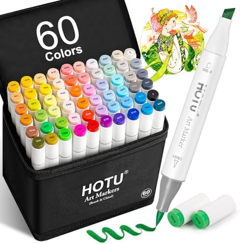 HOTU Alcohol Markers Brush&Chisel Tip 60 Color for Adults Coloring Beginner | Dual Tips Art Markers Pens, Alcohol-based for Artists Drawing Illustration Sketching, Non-Bleeding Pad-CPC Certificated