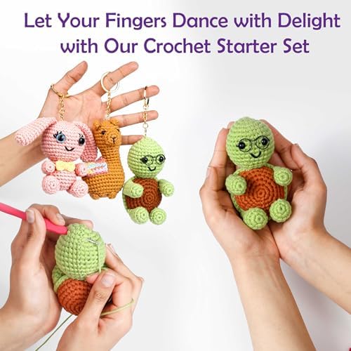 A-URA 3-in-1 Learn to Crochet Kit for Beginners Kids and Adults, Premium Pattern Sunflower, Panda Cactus, Hanging Pot Plant Beginner Crochet Kits with Easy Tube Yarn (3, Animal Pattern)