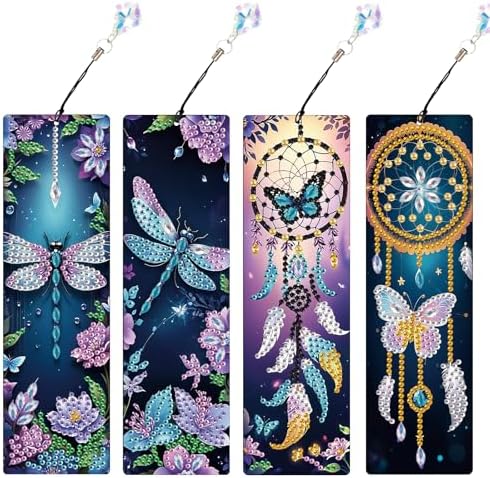 4 Pack Diamond Painting Bookmarks, 5D Dreamcatcher Butterfly Dragonfly Diamond Art Bookmark Kit with Tassels, DIY Beaded Rhinestone Book Mark Craft for Adults Beginners Reading Gift