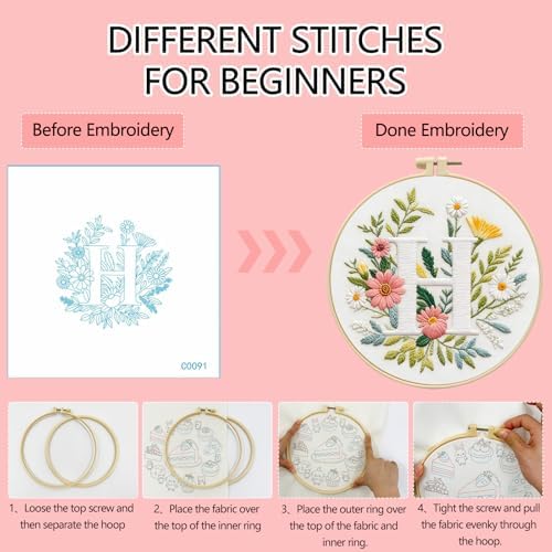 Zhenqing Letter H Embroidery Kit for Beginners, Pre-Printed 29x29cm Cotton Fabric with 20cm Hoop, Elegant Floral Monogram Design (C0091)
