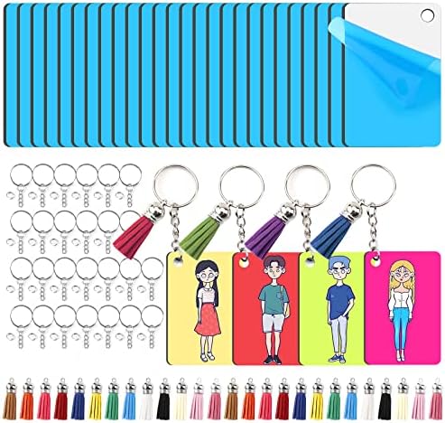 HTVRONT Sublimation Keychain Blanks - 120Pcs with Blue Protective Film - MDF Rectangle Keychain with Tassels - Heat Transfer Double Sided