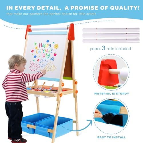 Blue 3-in-1 Wooden Kids Art Easel, Magnetic Whiteboard & Chalkboard