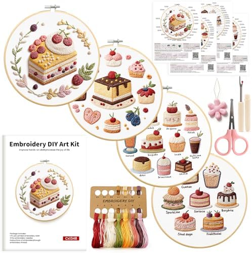 HGEKLIZV Embroidery Kit for Beginners Adults – 4Pcs Pre-Printed Cake & Fruit Patterns, Bamboo Hoop, Threads, Needles, Guide – DIY Hand Embroidery Craft, Home Decor, Gift for Women