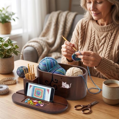 Oval Wood Yarn Bowl Set with Lid, Large Knitting & Crocheting Yarn Holder with 9 Metal Crochet Hooks & 10 Stitch Markers, Built-in Phone Stand, Yarn Storage Organizer for Crafters