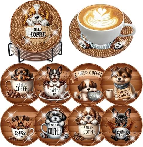 8 Pack Diamond Art Coasters,Coffee Dog Diamond Painting Coasters Kits