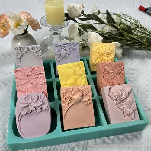 9 Cavities Mixed Flower Soap Mold, Handmade Soap Making Silicone Tray, Flower Silicone Molds for Natural Soap, Scented Candle Wax, Plaster Diffuser, Crystal Epoxy Decorations