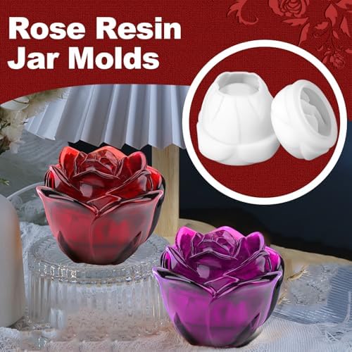 Rose Jar Molds, Set of 2 Small Rose Flower Jar Resin Molds with Lid